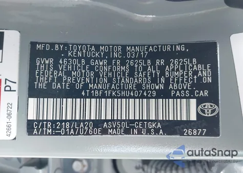 2017 Toyota Camry Xle из США, поврежденный, VIN 4T1BF1FK5HU407429